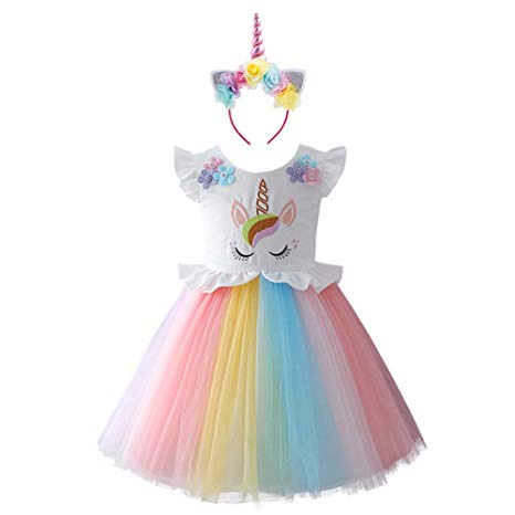 OBEEII Girl's Unicorn Party Costume Sleeveless W/ Flower Headband Princess Dress