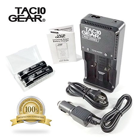 TAC10 GEAR UL Certified H2e Universal Battery Charger - AC or DC Power Source - Charges Li-Ion 18650 18490 RCR123 CR123A 26650 10440 14500 16340 17335, Ni-MH, Ni-CD AA AAA C (Incl. 2 18650 Batteries)