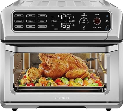 Chefman Air Fryer Toaster Oven Combo with Probe Thermometer, 5-In-1 Stainless Steel Convection Oven Countertop, 10 Inch Pizza, 4 Slices of Toast, Cooking, Baking, Toasting, Roaster Oven Airfryer 20 Qt