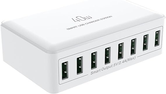 Charging Station for Multiple Devices, 40W Multi Port USB Hub Charger with US Plug,8-Port Desktop Charger USB Power Adapter for iPhone Samsung Oneplus Android Phone MP3 Camera etc,White