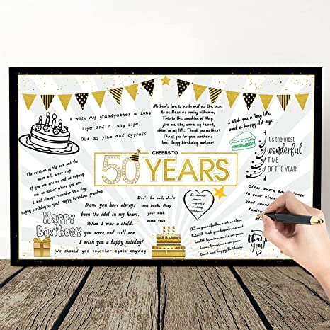 Birthday Card decoration Happy Birthday Jumbo Message Greeting Cards Black and Gold Balloons Stars Birthday Party Decoration Card Guest Book Alternative Sign Poster for men women (50th Birthday)