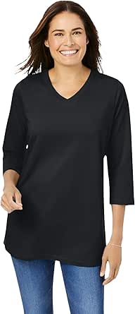 Woman Within Women's Plus Size Perfect Three-Quarter Sleeve V-Neck Tee