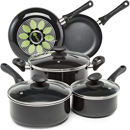 Ecolution Artistry Nonstick Cookware Set Pots and Pans, Dishwasher Safe, Scratch Resistant, With Easy Food Release Interior, Cool Touch Handles, and Even Heating Base, 8 Piece, Black