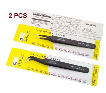 HindaWi 13cm Length Black Anti-magnetic Straight Curved Tweezers 2 Pcs