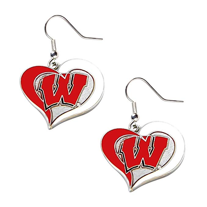 Wisconsin Badgers Swirl Heart Dangle Logo Earring Set NCAA Charm Gift
