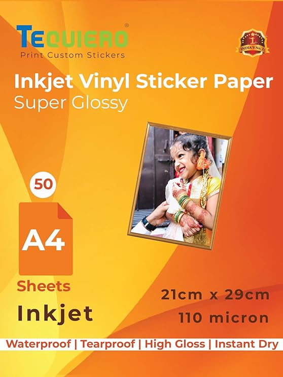 TeQuiero Inkjet Vinyl Sticker Paper Sheet Super Glossy Waterproof Pearl Self Adhesive A4 Size Vinyl Photo Paper (Inkjet) - 50 Sheets