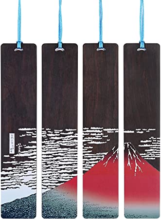 Donxote 4-Piece Bookmark, Japanese Ukiyo-e Bookmarks for Book Lovers, Hand Made Wood Art Bookmark Gift Box Set with Tassel, is A Unique Gift for Men, Women and Kids - Fine Wind, Clear Morning