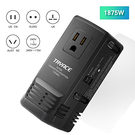 TryAce 1875W World Travel Adapter and Converter Combo 240V to 110V International Voltage Converter For Hair Dryer, Phones Laptop All in One Universal Plug Adapter For UK/AU/US/EU over 150 Countries