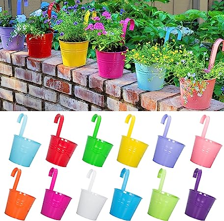 ARTKETTY 12 Pack 6.3 Inch Hanging Flower Pots, Railing Balcony Planters for Indoor Outdoor Plants, Hanging Herb Planters for Window Wall Fence with Detachable Hook Metal Bucket Flower Holders