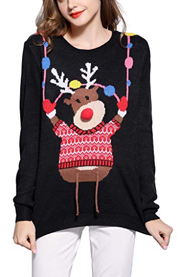 Women's Christmas Reindeer Themed Knitted Holiday Sweater Girl Pullover