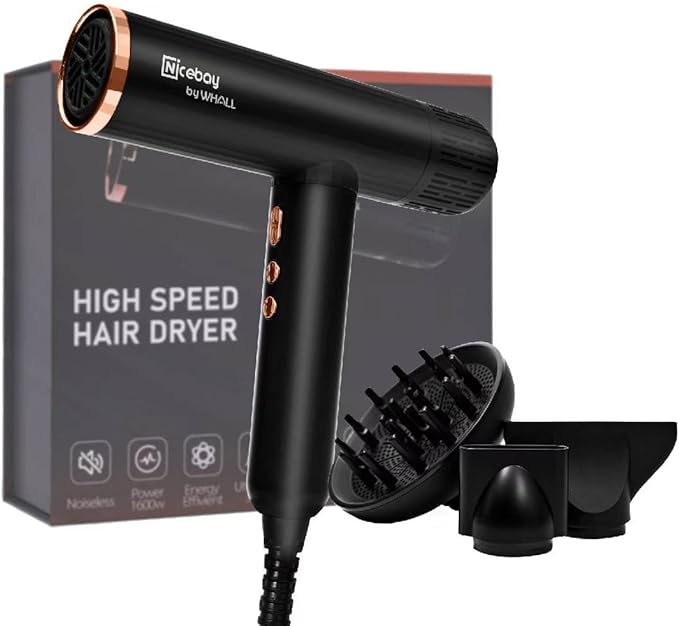 Nicebay Ionic Hair Dryer, Professional Blow Dryer with 3 Attachments, 110000RPM High-Speed Brushless Motor for Fast Drying, Auto-Cleaning, Lightweight, Low Noise, 1600W Hairdryer with Diffuser