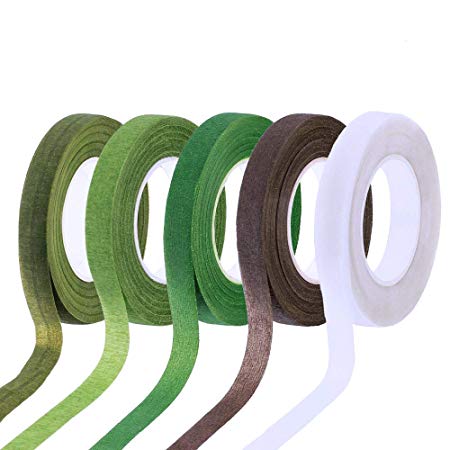 Supla 5 Colors Floral Tapes Floral adhesives - 1/2" Wide x 30 Yard for Bouquet Stem Wrap Florist Tapes Flowers Making Tapes(Dark Green,Green,Grass Green,White,Brown)