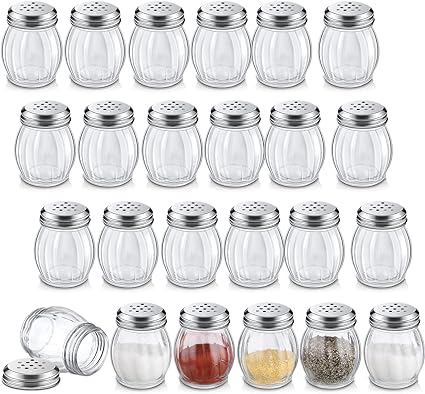 24 Pcs Glass Spices Shaker with Perforated Top Cheese Shaker with Slotted Stainless Steel Top Retro Swirl Style Jar Dispensers for Pepper Sugar Spice Home Kitchen Applications 6 Ounce (Simple Style)