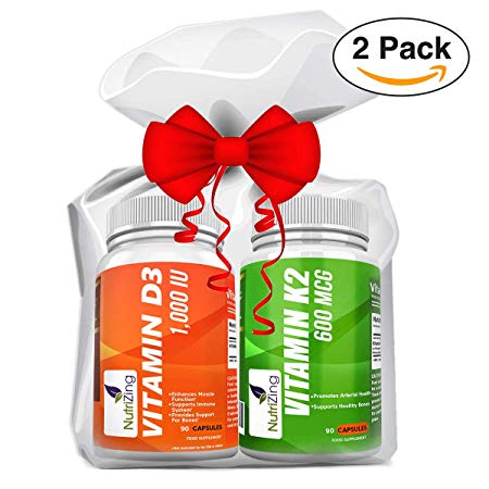 NutriZing's Vitamin K2 MK7 (600mcg) and Vitamin D3 (1000iU) combo pack ~ High Strength Vitamin K and D Supplements ~ Contributes to the maintenance of normal bones, muscle function and teeth. Made in the UK.