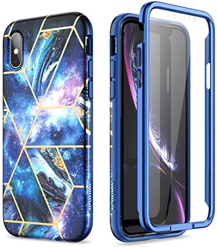SURITCH Marble iPhone Xs Case/iPhone X Case, [Built-in Screen Protector] Full-Body Protection Hard PC Bumper   Glossy Soft TPU Rubber Gel Shockproof Cover for iPhone X/iPhone Xs 5.8 inch (Space Blue)