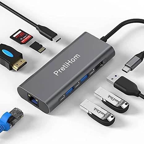 PretiHom Type-C Docking Station Hdmi Network Port USB 3.0 Hub 8-in-1 USB-C Laptop Docking Station to 3 USB 3.0, Tf/Sd Card Reader, Ethernet, 100W Power Supply Compatible with MacBook Pro…