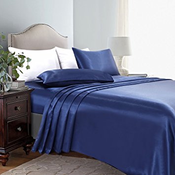 ARTALL Silky Super Soft 4 Piece Deep Pocket Satin Sheet Set, King Size Blue