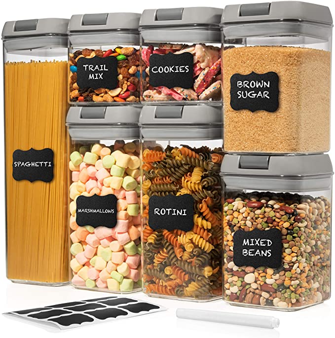 Shazo Airtight Container Set for Food Storage - 7 Piece Set   w/Grey Interchangeable Lids - Heavy Duty Plastic - BPA Free - Airtight Storage Clear Plastic kitchen counter storage Bin -18 Labels Marker
