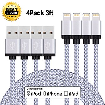 Omitech 4pcs 3ft Nylon Braided Charging Cable Charger 8-Pin Lightning to USB Cable Cord Compatible with iPhone 7/ 7 Plus/6/6s/6 plus/6s plus, iPhone 5/5s/5c,iPad, iPod and More(white)