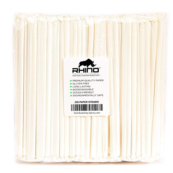 The Spice Lab Rhino White Drinking Eco-Friendly Biodegradable Paper Straws 7.75", 6mm for Juice, Shakes, Cocktail, Tea, Soda, Milkshakes, Smoothies & Parties (Wrapped - 250 Count)