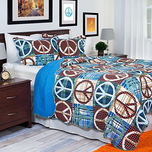 Lavish Home 2-Piece Peace Quilt Set, Twin, Brown/Blue