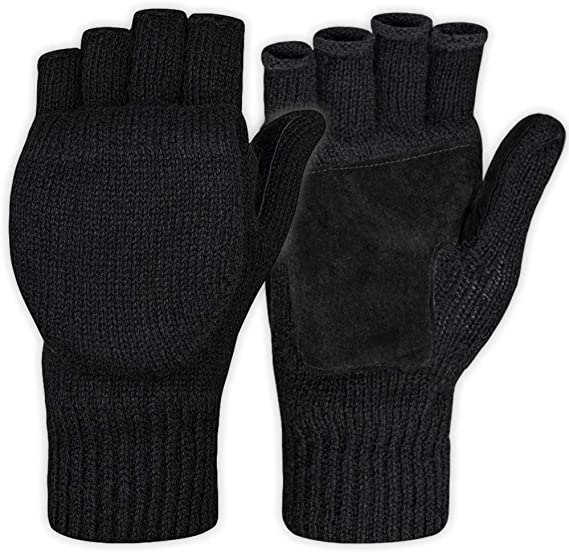 Fingerless Winter Gloves Convertible Wool Mittens for Men & Women - Warm Thermal Knit Flip Top Snow Glove for Cold Weather