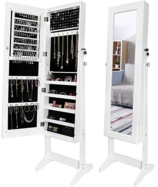 Greenco Free Standing Jewelry Organizer Armoire with Large Mirror and Led Lights, Lockable White