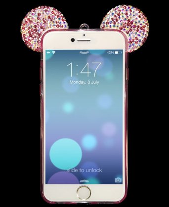 Iphone 6s Cases Crosspace Flexible Mickey 3D Bling Crystal Ears TPU Bumper with Sling Shell - Bear Mouse Ears Diamond Ear Design Soft Cover for Apple Iphone 66s 47 Pink