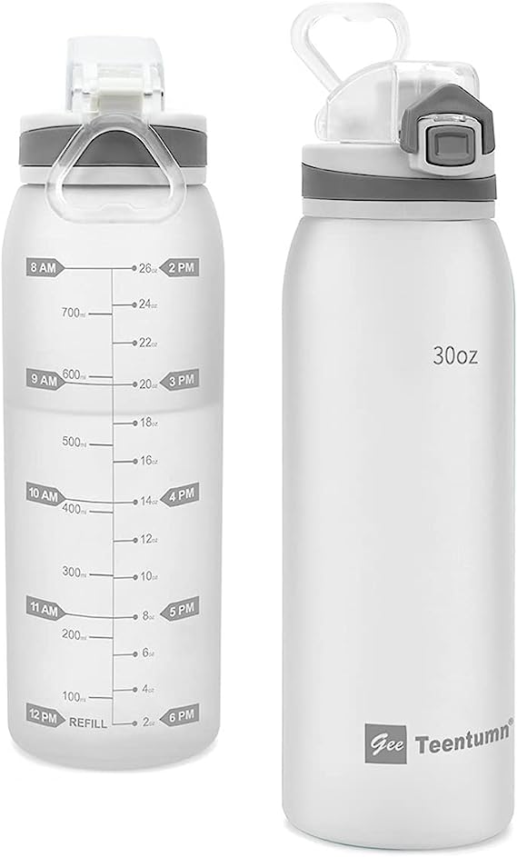 Teentumn Water Bottle BPA Free Tritan with Time Markers, 30oz Large Durable Gym Plastic Bottle for Fitness, Outdoor Enthusiasts, Leakproof White
