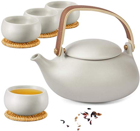 ZENS Teapot Cups Set,Modern Japanese Tea Pot Infuser 27 Ounce with 4 Frosted Ceramic Teacup & Rattan Coasters for Loose Tea or Women,Grey