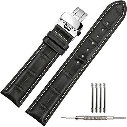 TStrap 22mm Genuine Leather Watch Band Replacement Watch Strap Deployant Clasp Buckle Black