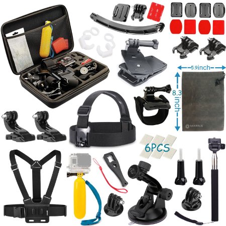 Vanwalk 16 in 1 Accessories Kit for Gopro Hero 4 Session Black Silver Hero LCD 332 Camera and Sjcam Sj4000 Sj5000 - Chest Belt Strap  Head Strap  Floating Grip  Selfie Stick  Carry Case