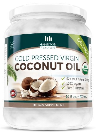 Hamilton Healthcare Organic Extra Virgin Cold Pressed Coconut Oil Pure and Unrefined - 16 Ounce 1 lb