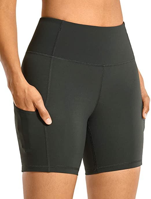 CRZ YOGA High Waisted Gym Biker Workout Shorts for Women Side Pockets Luxury Naked Feeling - 6 inches