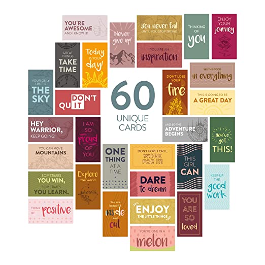 DiverseBee 60 Pack Assorted Motivational Cards - Inspirational Mini Note Cards, Gratitude Encouragement Card Set with 60 Unique Motivational Quotes (Business Card Size and Blank Back)