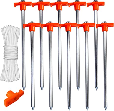 ABCCANOPY Tent Stakes, Camping Tent Stakes, 11" Galvanized Non-Rust Stakes Pegs for Pop Up Canopy, Camping Tent, Patio Shade, Hiking, 10pc-Pack, Bonus 4pcs 10ft Ropes & 1 PVC top (Orange)