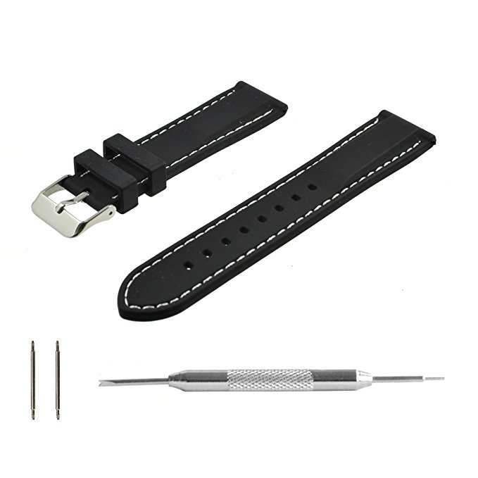 Benchmark Straps 18, 20, 22 & 24mm Black Silicone Rubber Watchband   Spring Bar Removal Tool (White Stitching)