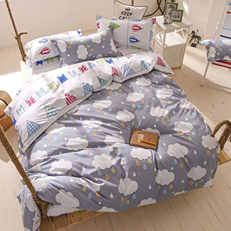 Nattey Clouds and Rain Cotton Blend Bed Pillowcase Duvet Cover Quilt Cover Set Twin Queen King Size (Twin)