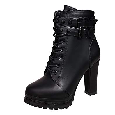 Inornever Women's Chunky High Heel Ankle Booties Fashion Buckle Platform PU Military Combat Boots