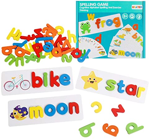 USATDD See Spell Learning Toys Wooden Letter ABC Alphabet Sight Words Flash Cards Matching Shape Puzzles Montessori Preschool Educational STEM Toys for Kids Toddlers Boys Girls Age 3 4 5 6 Years Old