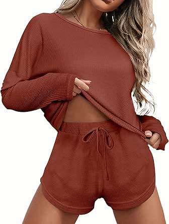 Ekouaer Womens Waffle Knit Pajama Sets Long Sleeve Top and Shorts Matching Lounge Set Loungewear Sweatsuit with Pockets