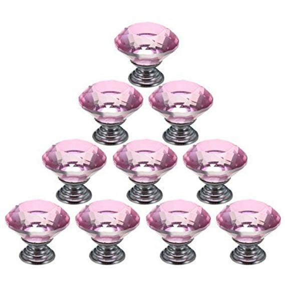 HOSL 30mm Crystal Glass Diamond Shape Cabinet Knob Drawer Pull Handle Kitchen Color Pink (Pack of 10)