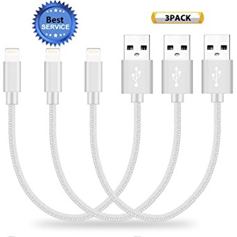 SGIN iPhone Cable, 3Pack 8 inches Short Nylon Braided Cord Lightning Cable Certified to USB Charging Charger for iPhone 7,7 Plus,6S,6,SE,5S,5,iPad,iPod Nano 7 - Silver