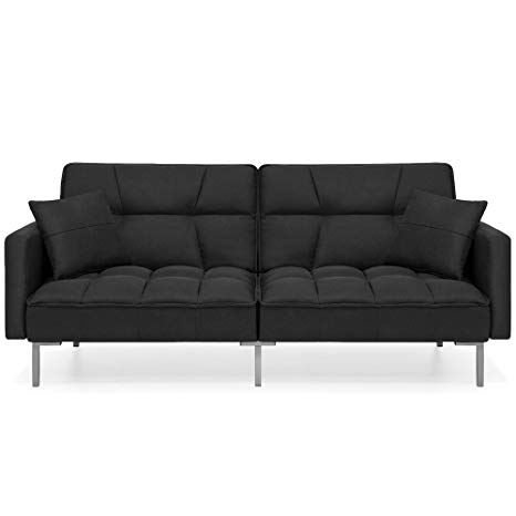 Best Choice Products Convertible Linen Splitback Futon Sofa Couch Furniture w/Tufted Fabric, Pillows - Black