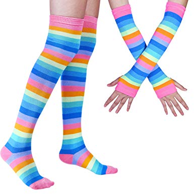 Chalier Womens Rainbow Stripe Knee Thigh High Socks Arm Warmer Fingerless Gloves