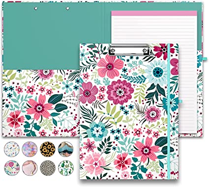 PULAIXIN Clipboard Folio with Refillable Lined Notepad and Interior Storage Pocket for Students,Classroom,Office,Women,Man,Cute Custom Pattern,Size 12.8" x 9.2",Flowers Leaves