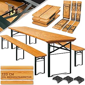 KESSER® Bierzeltgarnitur 3 teilig Gartenmöbel-Set | Klappbar 220 x 50 x 77cm | 2X Bierbänke 1x Biertisch | Festzeltgarnitur Biertisch Stehtisch Sitzgarnitur Holz 16-teiliges Bodenschoner-Set