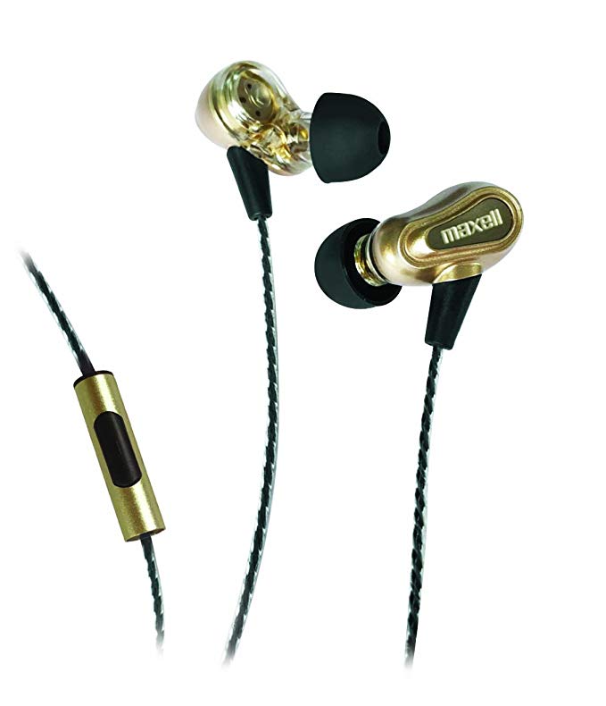 Maxell 199771 Hands Free Calling Extra Bass Boost Dual Driver Earbuds with Mic & Strong Twisted Cable & Metal Earbud Casing (Gold)