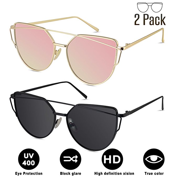Sunglasses for Women, LIVHO G 2 Pack Cat Eye Mirrored Flat Lenses Metal Frame Sunglasses UV400