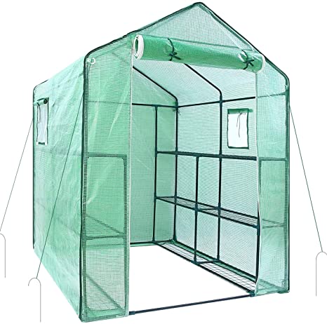 Greenhouse for Outdoors with Observation Windows (New Version), Ohuhu Large Walk-In Plant Greenhouse, 3 Tiers 12 Shelves Stands Green House, Bonus Ground Pegs & Ropes for Stability, 4.9 X 4.7 X 6.4 FT Sun House, Warm House for Plant in Winter